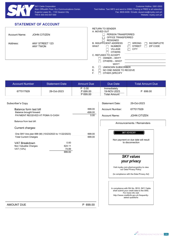 download download Philippines Sky Cable Corporation utility bill Word and PDF template PDF template PDF template